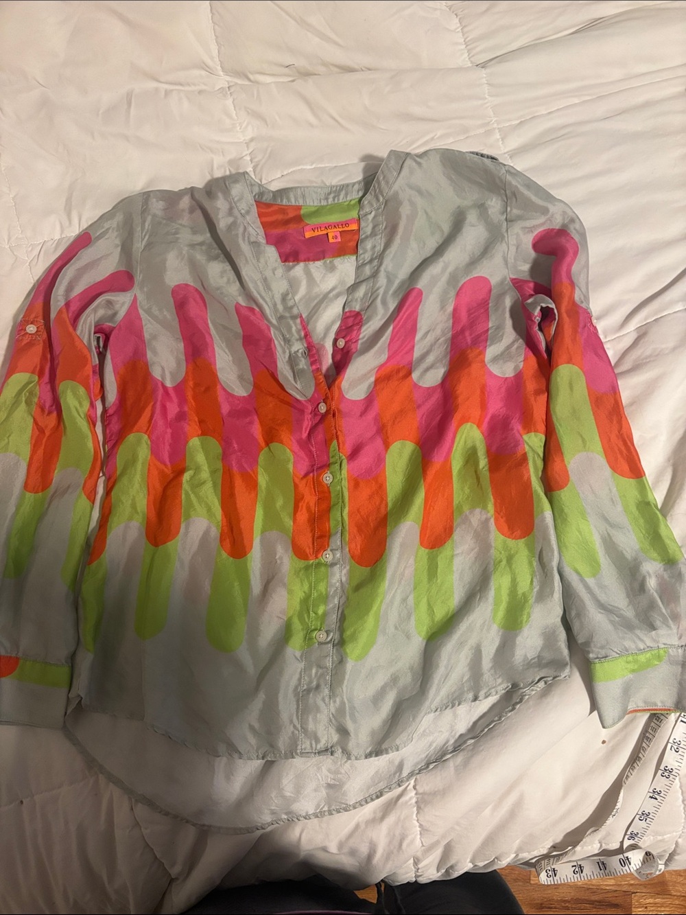 Vilagallo 100% Silk Button-Down Blouse in Gray, Pink & Orange & Lime